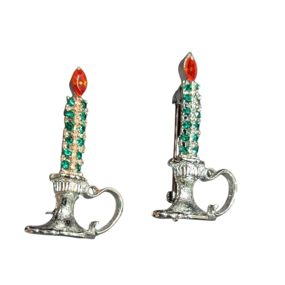 Vintage Christmas Candle Brooch Pin Pair Silver Tone Green Red Rhinestone 1.75"